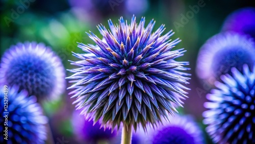 Close-up of Purple Globe Thistle Echinops Flower in Low Light - Stock Photo photo