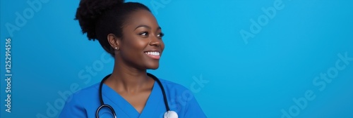 A confident nurse in blue scrubs and a stethoscope conveys professionalism and positivity.
