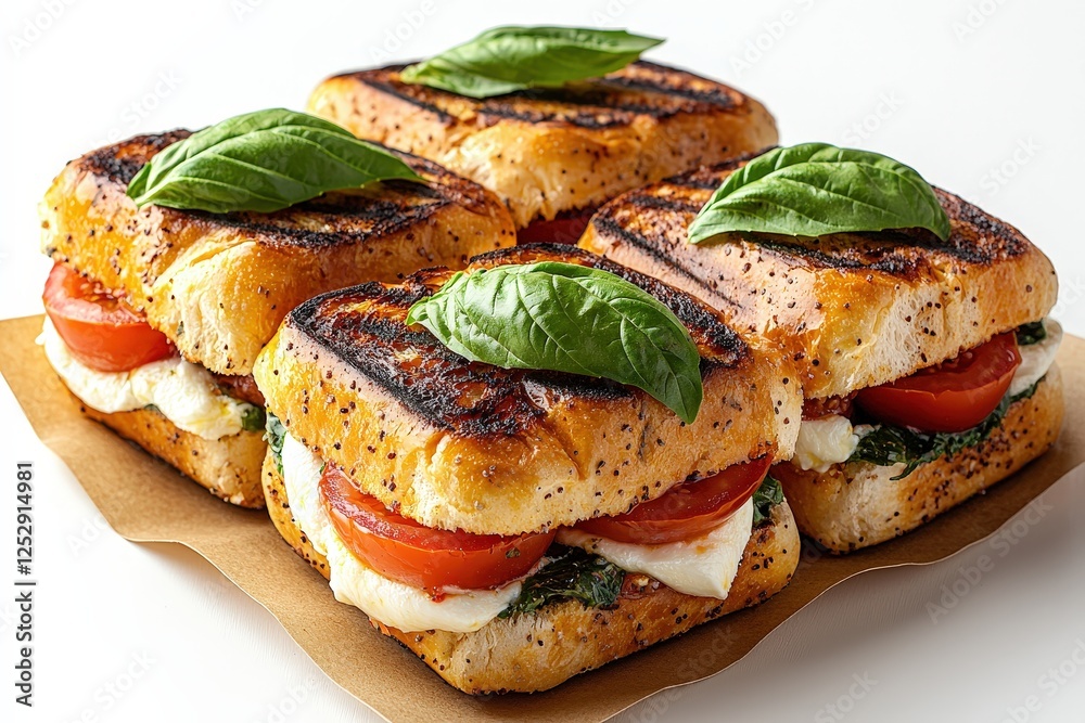 Mini panini with mozzarella, basil, and tomatoes, packed in kraft paper. Mini panini with mozzarella, basil, and tomatoes, packed in kraft paper.