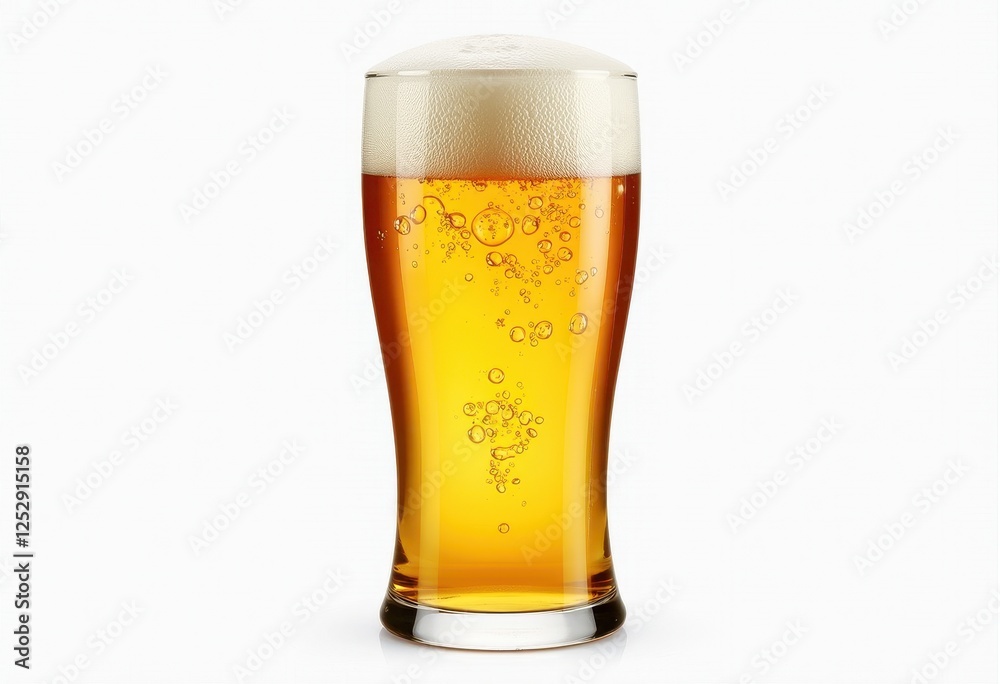 Golden Light Beer Glass with Creamy White Foam on White Background. A glass of beer with frothy head on a white background. Golden Light Beer Glass with Creamy White Foam on White Background. A glass of beer with frothy head on a white background.