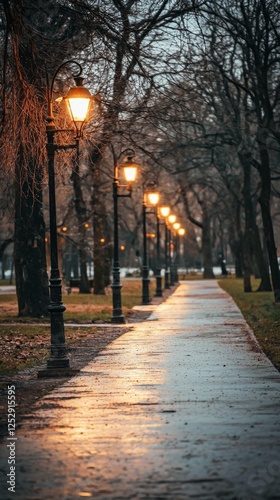 Serene Evening Stroll Through Park Pathway Under Glowing Lanterns photo