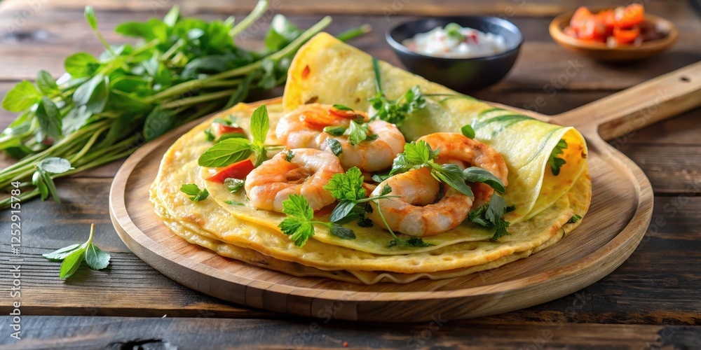 Delicate banh xeo crepe with succulent butterflied shrimp and chicken, garnished with fresh herbs and served on a wooden board, bahn xeo, crepe Delicate banh xeo crepe with succulent butterflied shrimp and chicken, garnished with fresh herbs and served on a wooden board, bahn xeo, crepe