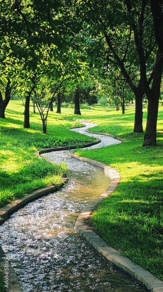 Serene Landscape with Curving Stream in Lush Green Park Setting