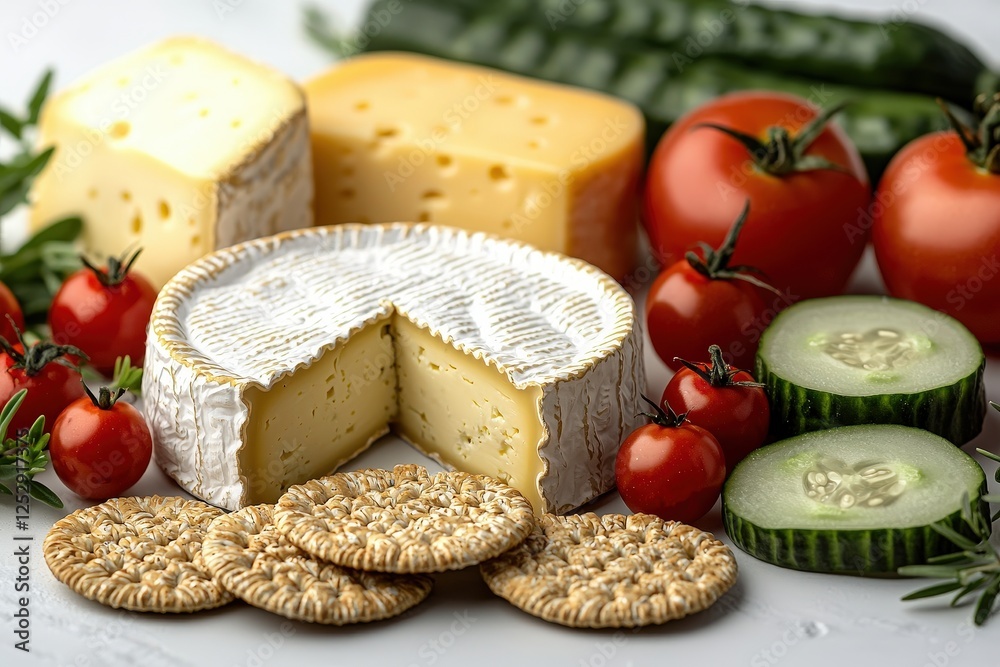Assorted cheeses and fresh vegetables: goat cheese, brie, cherry tomatoes, cucumber slices, and buckwheat crackers. Assorted cheeses and fresh vegetables: goat cheese, brie, cherry tomatoes, cucumber slices, and buckwheat crackers.