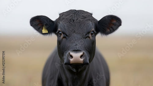 Young black calf stares, field background, livestock farming