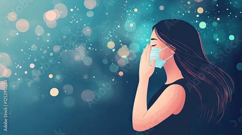 A young woman covering her nose with a mask while dangerous PM2.5 particles float around her in an infographic.