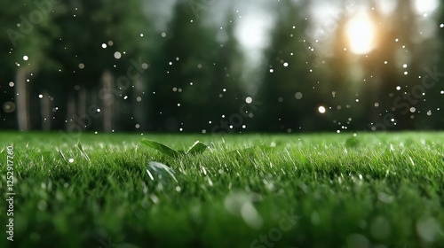 Gentle rain falling on lush green grass during a serene evening in a forested area