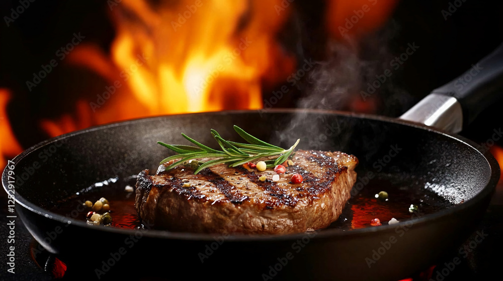 A grilled steak in a pan, garnished with rosemary and peppercorns, surrounded by flames and smoke, showcasing the intense heat and cooking process of a premium beef steak. A grilled steak in a pan, garnished with rosemary and peppercorns, surrounded by flames and smoke, showcasing the intense heat and cooking process of a premium beef steak.