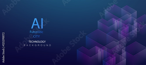 Smart city isometric technology background. Future ai urban neon light buildings vector. Digital futuristic intelligence high tech city design banner.