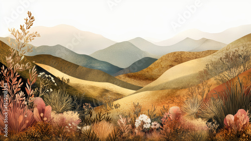 Quiet valley layered with rolling hills in soft earthy tones, creating serene and tranquil landscape. warm hues of brown, gold, and beige blend harmoniously with delicate vegetation