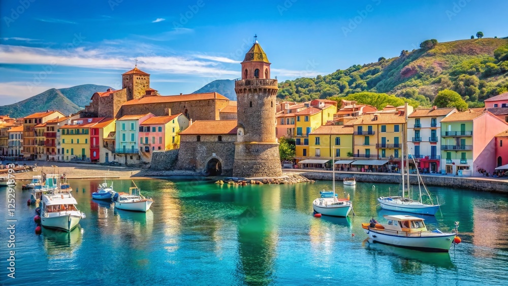 Fototapeta premium Collioure Coastal Village, France: Colorful Buildings and Boats in Sunny Harbor