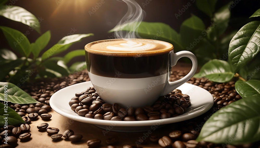 Steaming Coffee Cup with Latte Art Surrounded by Coffee Beans Steaming Coffee Cup with Latte Art Surrounded by Coffee Beans