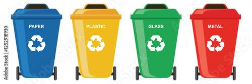 Plastic containers for garbage of different types. Waste management concept. Different types of Waste: Organic, Plastic, Metal, Paper, Glass, E-waste. Separation of waste on garbage cans for recycling