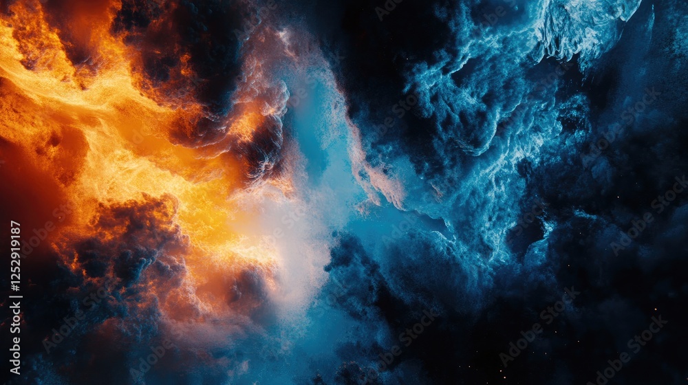 Ethereal blue flames merging with fiery orange on a dark surface, symbolizing the beauty of combustion. Ethereal blue flames merging with fiery orange on a dark surface, symbolizing the beauty of combustion.