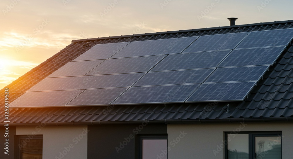 Fototapeta premium close up of a Modern eco friendly passive house with solar panels on rooftop. Home solar panel. Solar panels on roof of modern apartment building in city during the sunset with sun flare