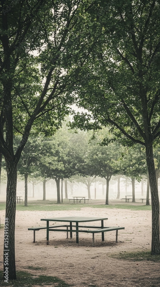 Tranquil Foggy Park with Green Trees and Empty Picnic Tables Tranquil Foggy Park with Green Trees and Empty Picnic Tables