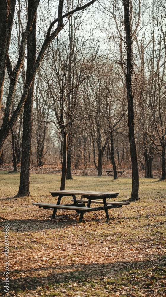 Serene Picnic Area Surrounded by Leafless Trees in a Quiet Park Serene Picnic Area Surrounded by Leafless Trees in a Quiet Park