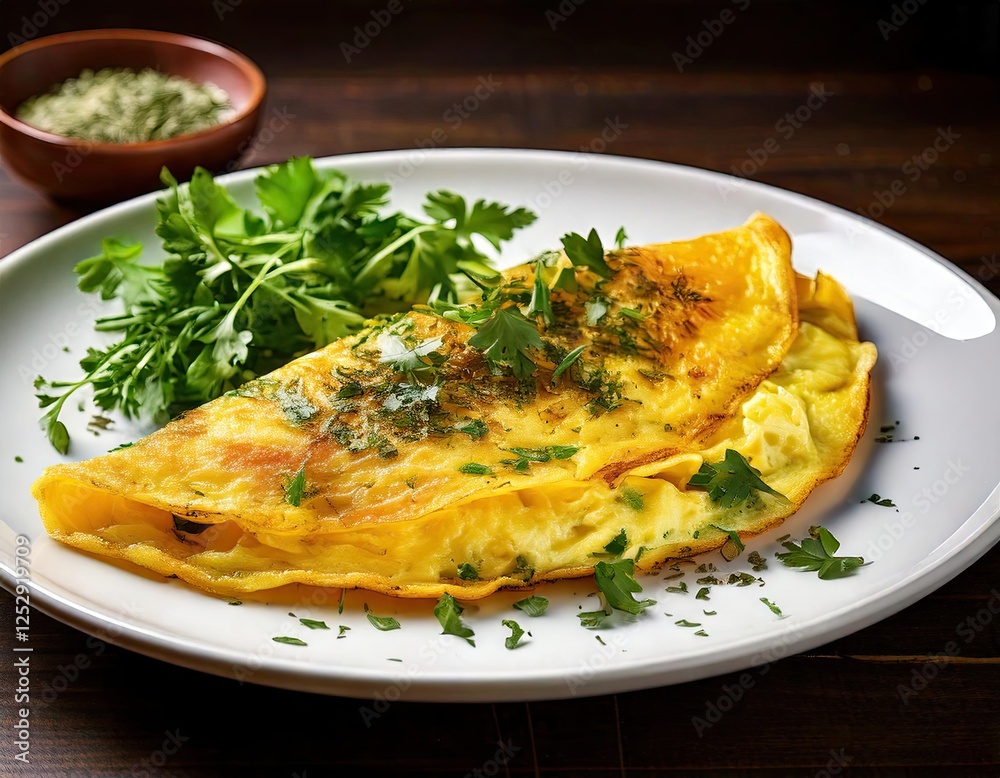 golden omelette garnished with fresh herbs on a white plate, symbolizing a perfect breakfast golden omelette garnished with fresh herbs on a white plate, symbolizing a perfect breakfast