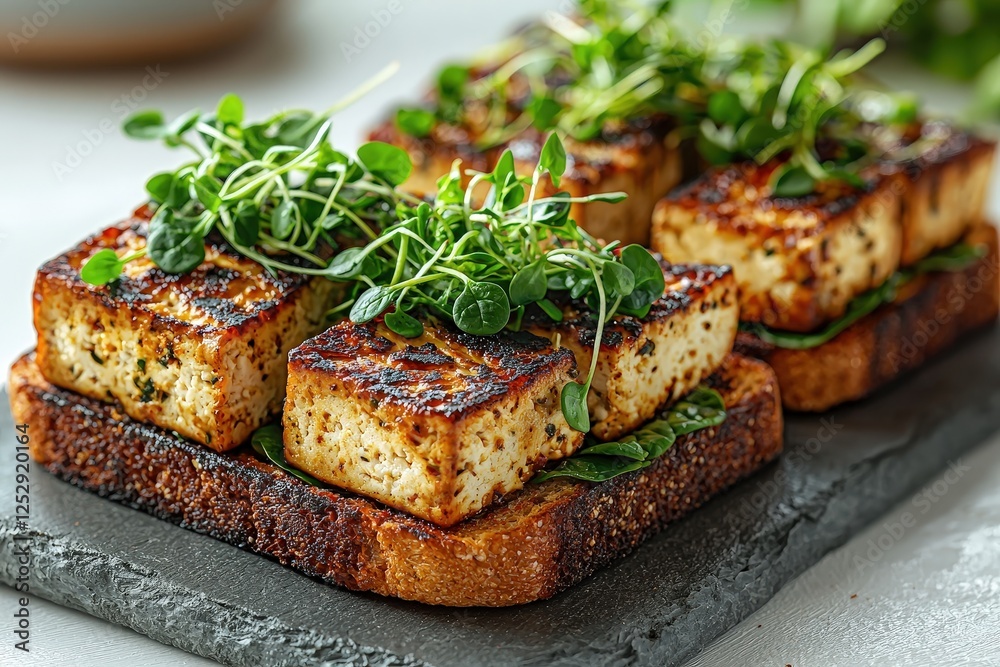 Gluten-free toast with tofu, spinach, and fresh microgreens. Gluten-free toast with tofu, spinach, and fresh microgreens.