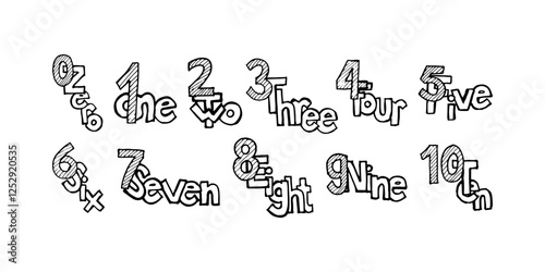Hand-drawn cartoon vector doodle numbers and words from zero to ten.