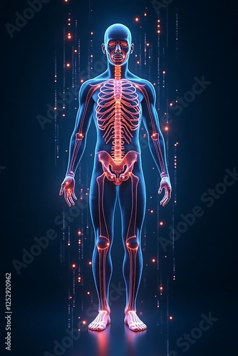 Generative AI Human Anatomy: Futuristic Medical Scan human anatomy skeleton muscles medical illustration full body red blue dark background futuristic scan health technology science future