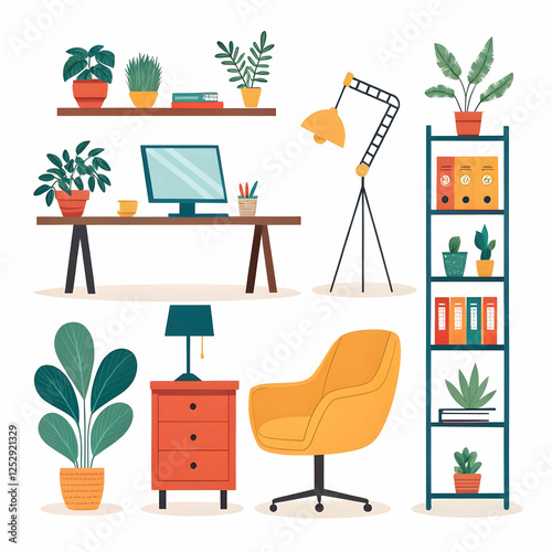 Modern interior furniture and accessories cartoon style icons for trendy office renovation