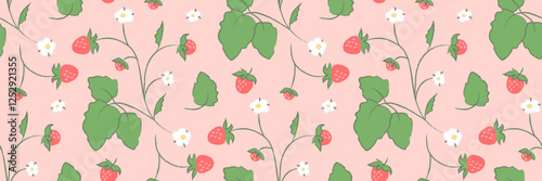 Seamless strawberry pattern with hand drawn ripe berries, green leaves, and white flowers on a soft pink background. Crayon pencil texture. Cute wallpaper for spring, summer designs, print, textile.