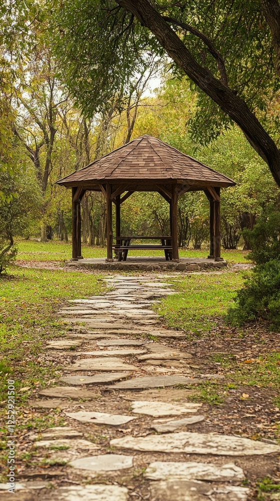Tranquil Gazebo Surrounded by Lush Greenery in Autumn Park Tranquil Gazebo Surrounded by Lush Greenery in Autumn Park