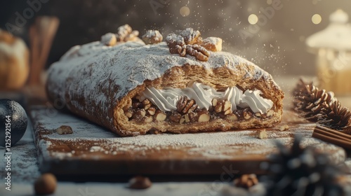 Powdered sugar-covered nut roll pastry photo