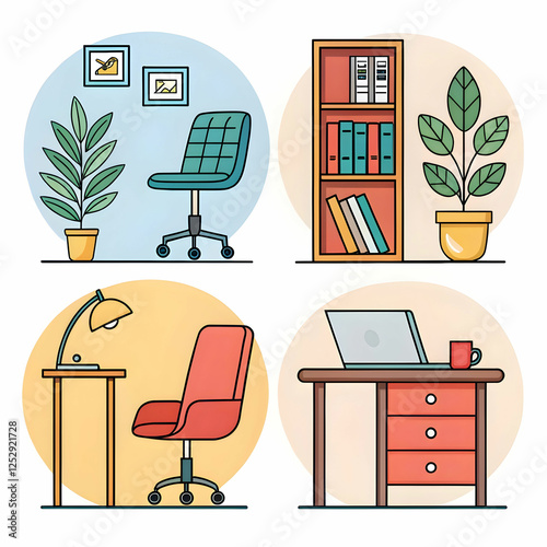 Modern interior furniture and accessories cartoon style icons for trendy office renovation
