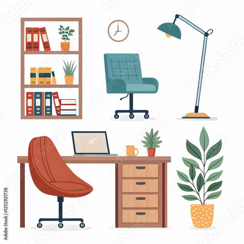 Modern interior furniture and accessories cartoon style icons for trendy office renovation
