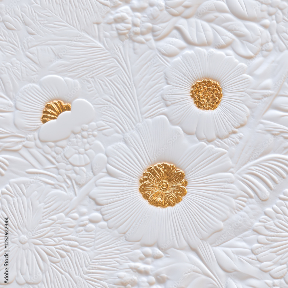 Obraz premium Elegant Embossed Floral Seamless Pattern with Gold Accents on a White Surface