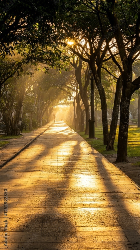 Fototapeta premium Golden Hour Light Through Trees on Peaceful Urban Pathway