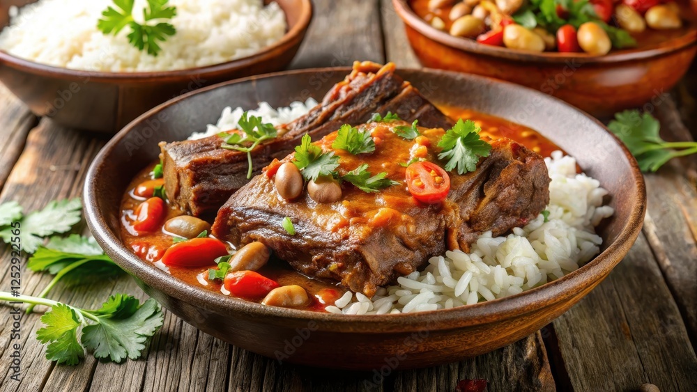Braised beef short ribs in rich tomato-based sauce served with steamed white rice and beans, hearty meal , traditional cuban cuisine Braised beef short ribs in rich tomato-based sauce served with steamed white rice and beans, hearty meal , traditional cuban cuisine