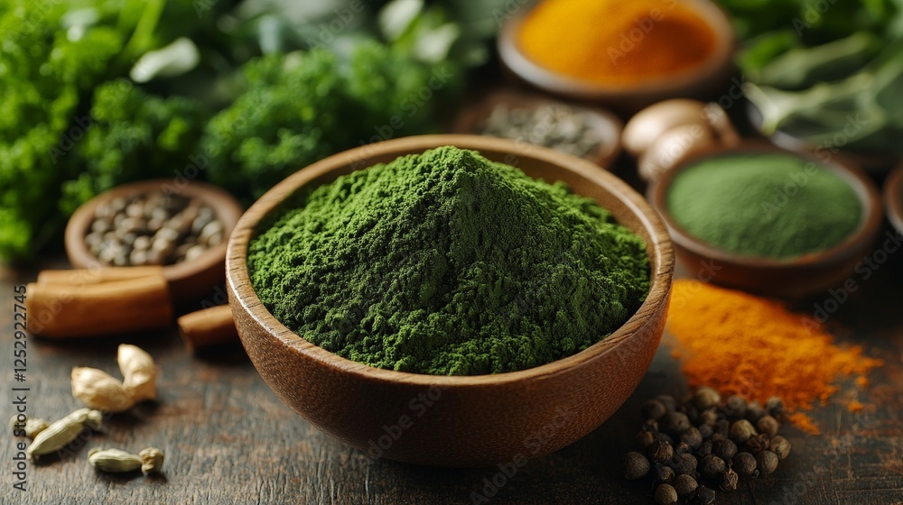 A bowl of green powder surrounded by various spices and herbs for culinary or health use. A bowl of green powder surrounded by various spices and herbs for culinary or health use.