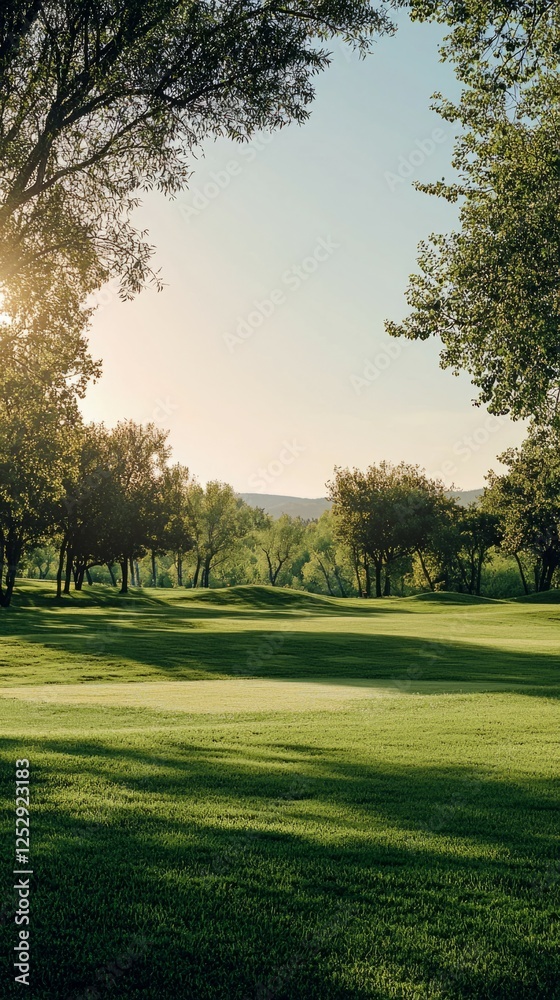 Serene Golf Course Landscape Under Clear Sky and Warm Sunlight Serene Golf Course Landscape Under Clear Sky and Warm Sunlight
