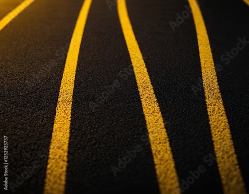 Close-up of an asphalt road with dynamic yellow lines creating an abstract pattern. photo