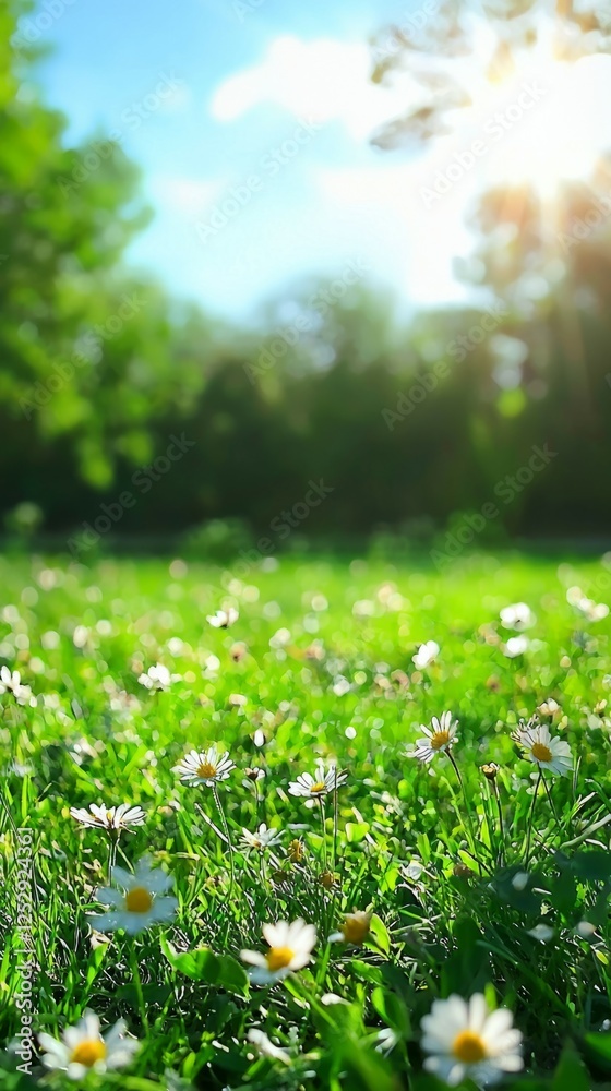 Fototapeta premium Beautiful Green Meadow with Daisies and Soft Sunlight Glimmering