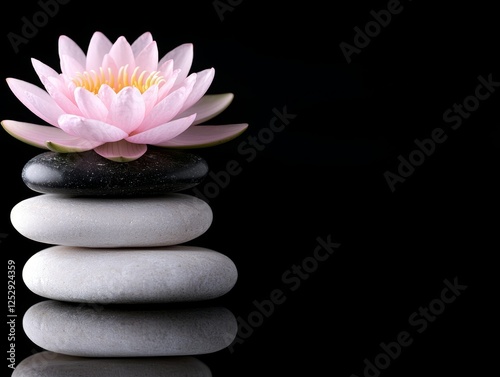 Serene lotus flower on balanced stones.