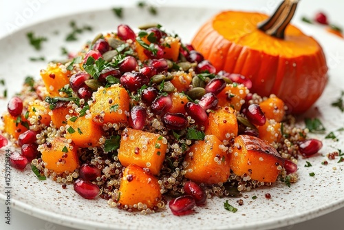 Autumn quinoa salad with pumpkin seeds, roasted pumpkin, and pomegranate.