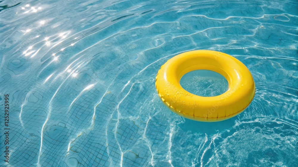 Bright Yellow Inflatable Ring Floating in a Sunlit Swimming Pool on a Relaxing Summer Day Bright Yellow Inflatable Ring Floating in a Sunlit Swimming Pool on a Relaxing Summer Day