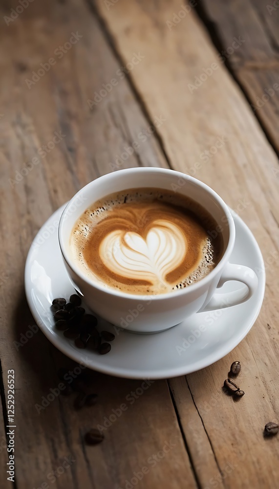Heart Latte Art Coffee on Rustic Wood Table with Beans Heart Latte Art Coffee on Rustic Wood Table with Beans