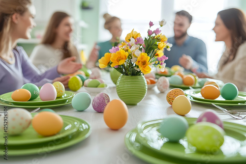 Festive Easter meal with green plates, pastel eggs, spring blooms, and lively family moments. photo