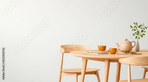 Modern Wooden Dining Table And Chairs Against Beige Wall With Tea Set And Plant