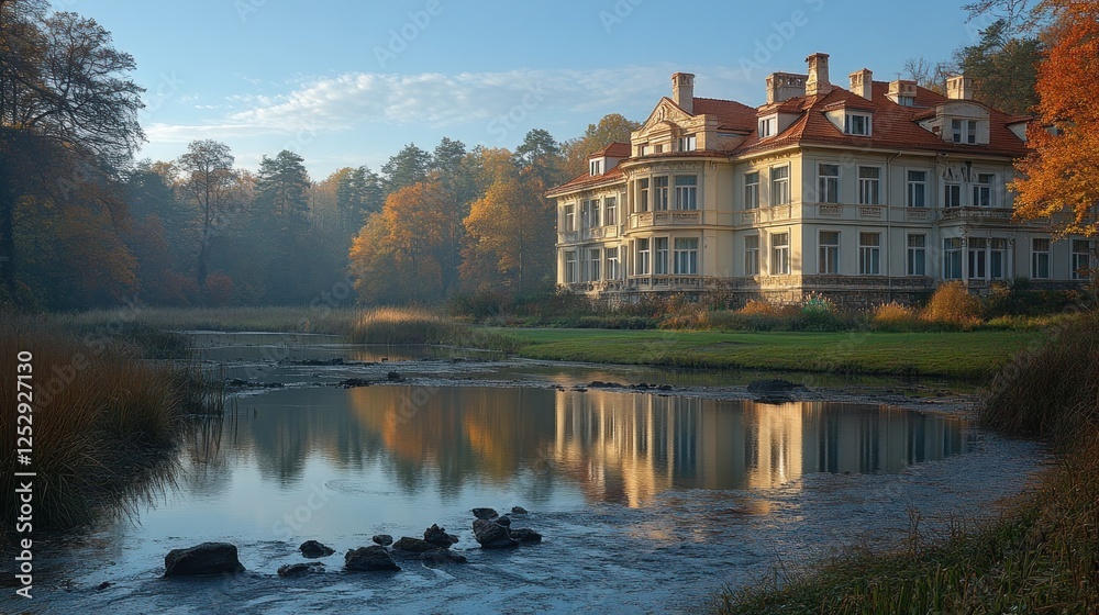 Fototapeta premium Autumnal mansion reflects in calm lake