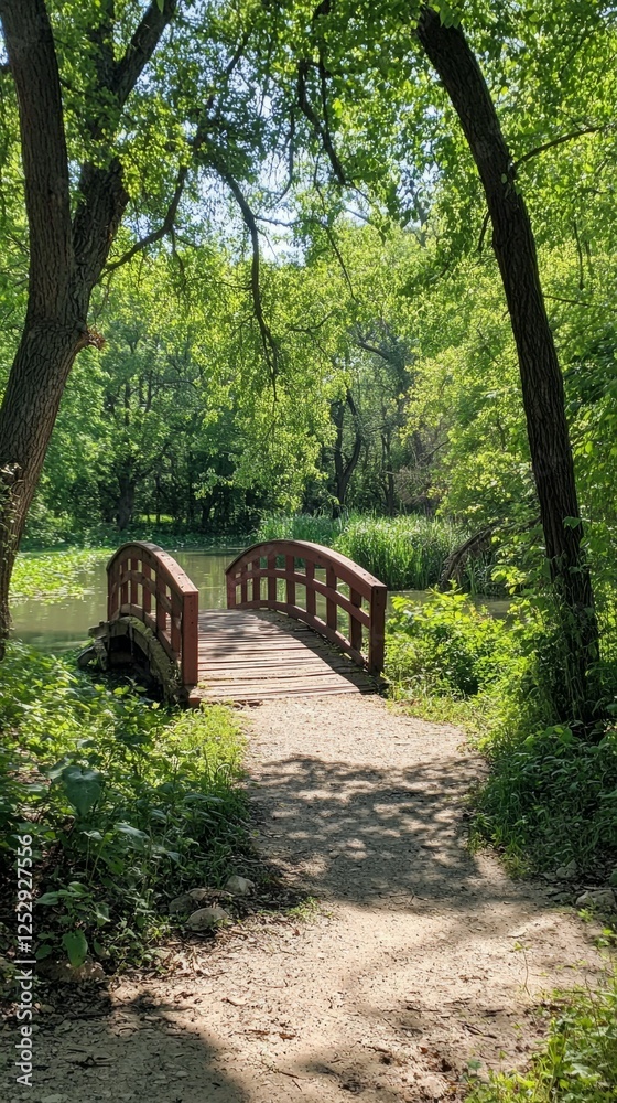 Serene Wooden Bridge Over Calm Water Surrounded by Lush Greenery Serene Wooden Bridge Over Calm Water Surrounded by Lush Greenery