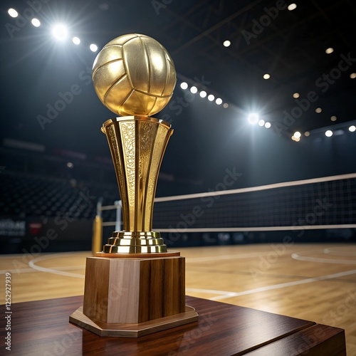 Golden volleyball trophy under dramatic lighting
