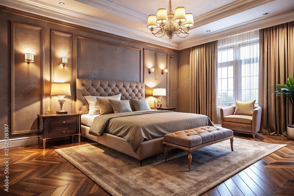 Fototapeta premium Cozy Pastel Brown Hotel Bedroom, Double Bed, Right Side Copy Space