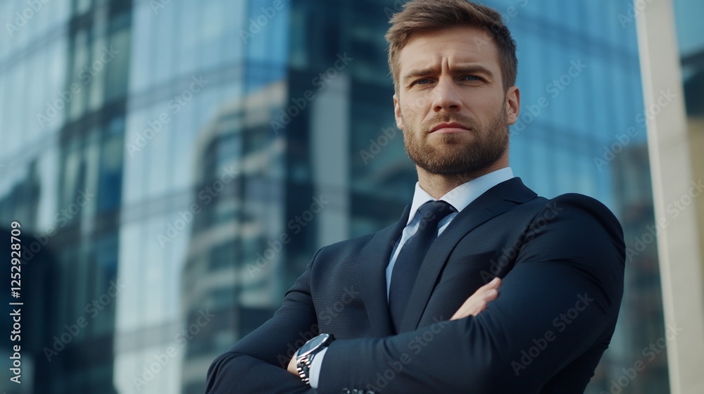 Confident businessman, city background, arms crossed, success Confident businessman, city background, arms crossed, success