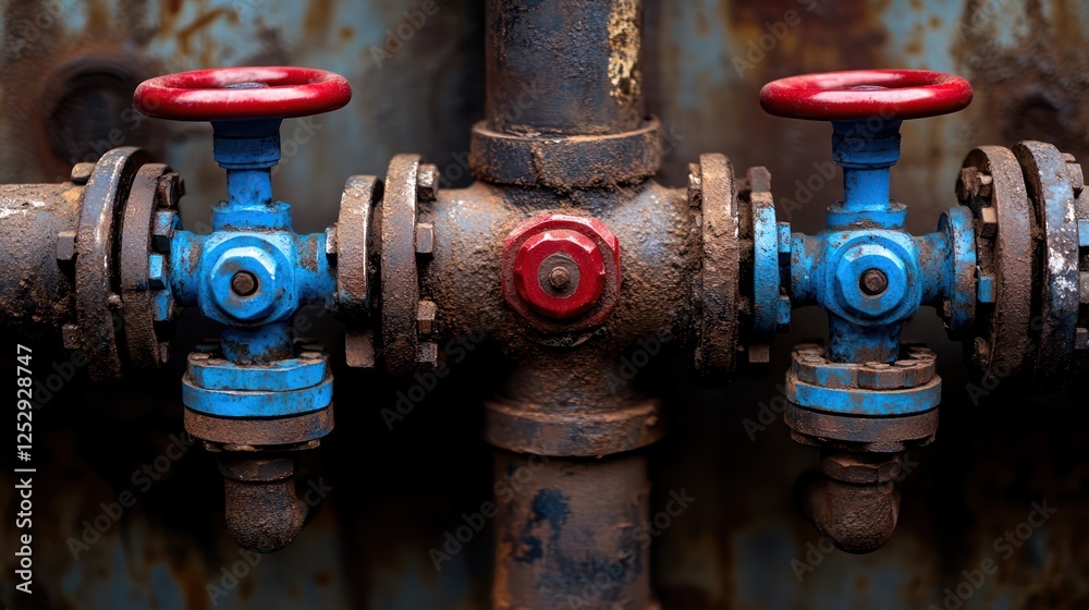 Rusty Industrial Pipes with Blue and Red Valves: A Close-Up View of Aged Metalwork Rusty Industrial Pipes with Blue and Red Valves: A Close-Up View of Aged Metalwork